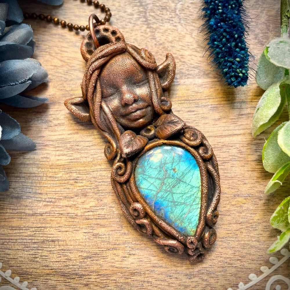 Blue labradorite goddess copper pendant necklace